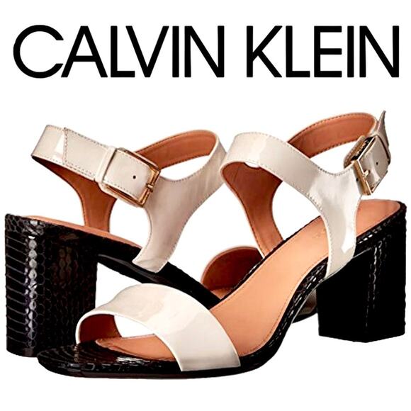 CALVIN KLEIN Shoes NEW Block Heel Open Toe Sandal High Heels Cream Black Shoes 8 - Picture 1 of 8